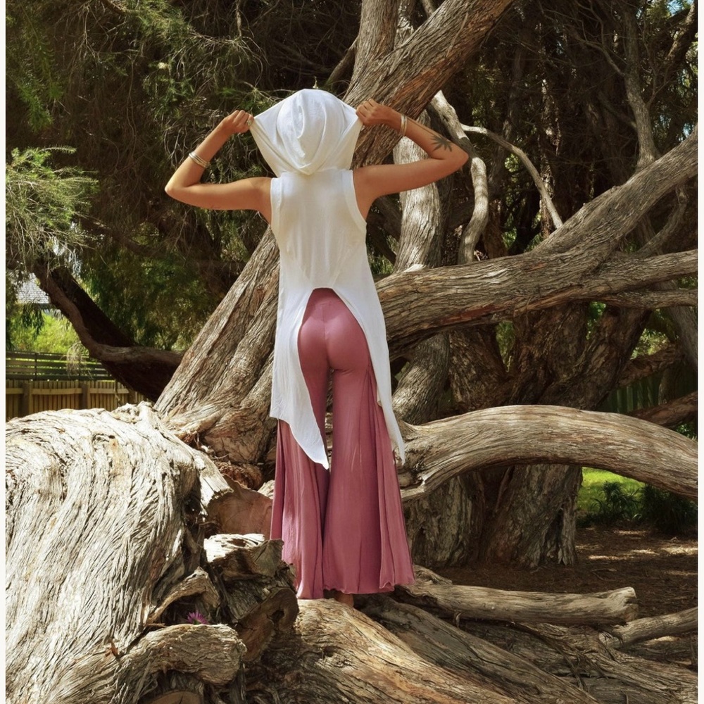 BROWN FLOWER-CHILD WIDE LEG FLARED PANTS FESTIVAL BELL BOTTOMS - Picture 7 of 10